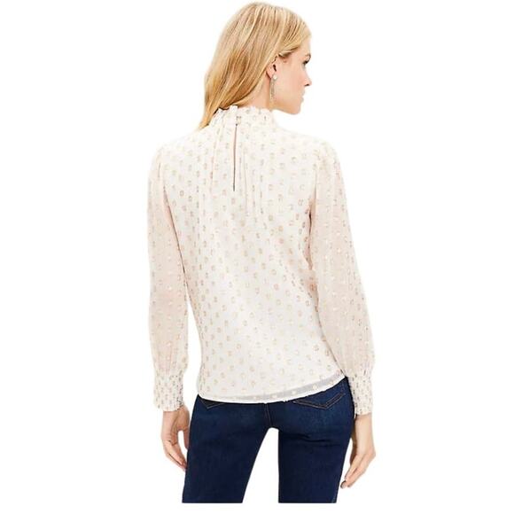 NWT Loft White and Gold Metallic Petite Ruffle Smocked Lined Sheer Blouse-Medium - Picture 2 of 13